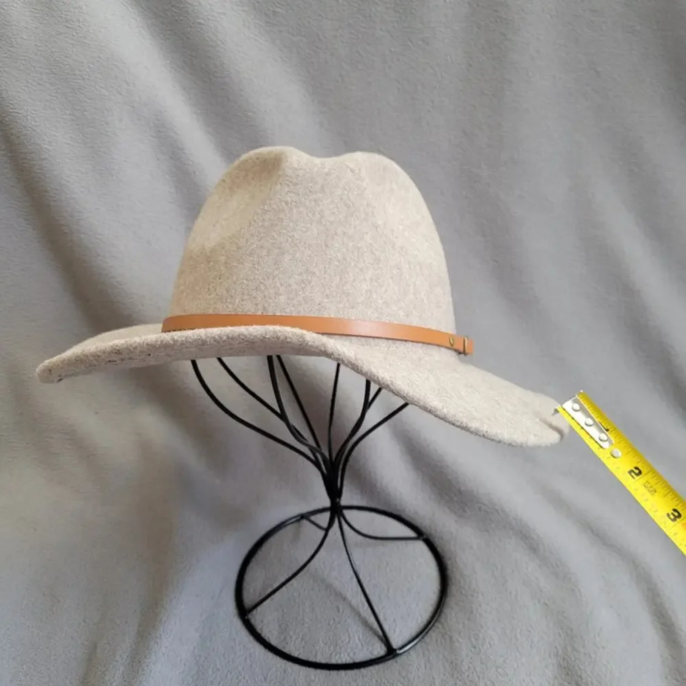 Beige Wool Blend Fedora Hat Thin Strap Classic Style Project Hat Asymetric - Picture 5 of 13